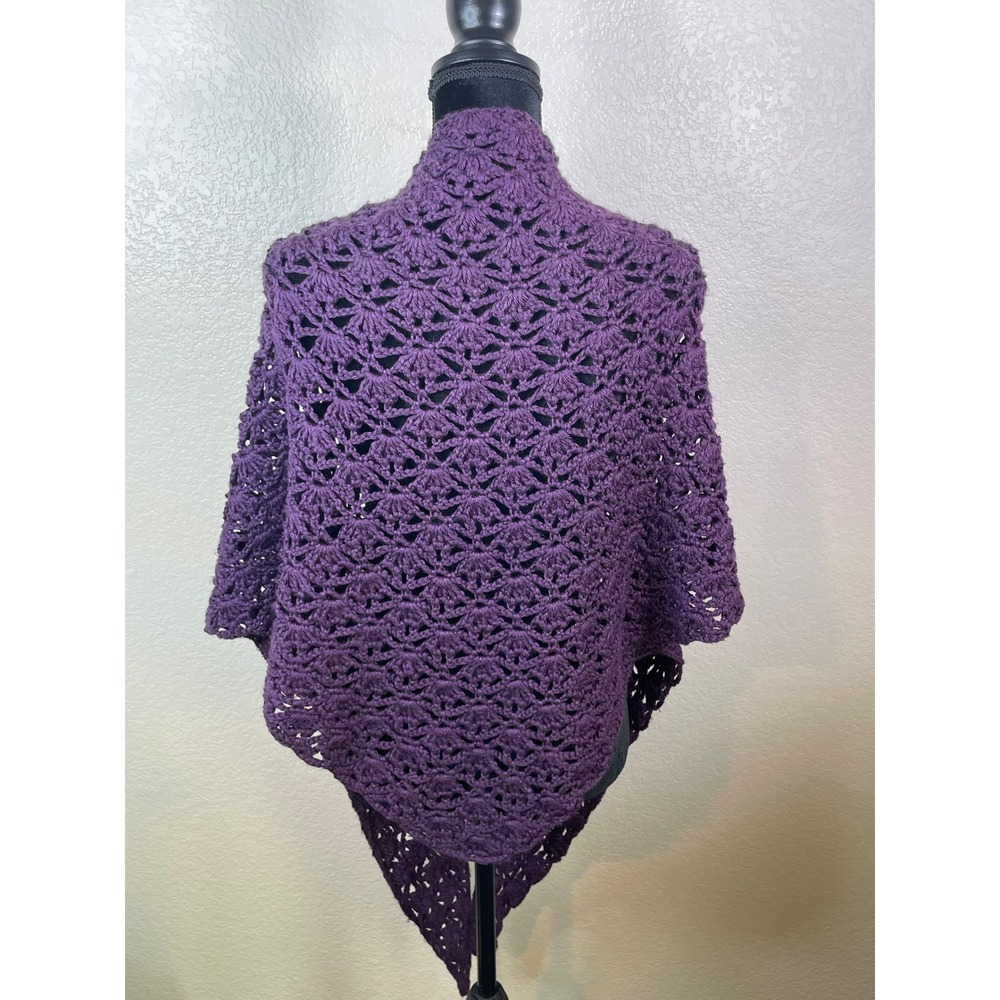 Handmade Womens Free Size Crochet Shawl Wrap Purple Open Knit Front Tie Boho